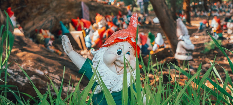 Gnomes lining the paths and creek banks at Gnomesville