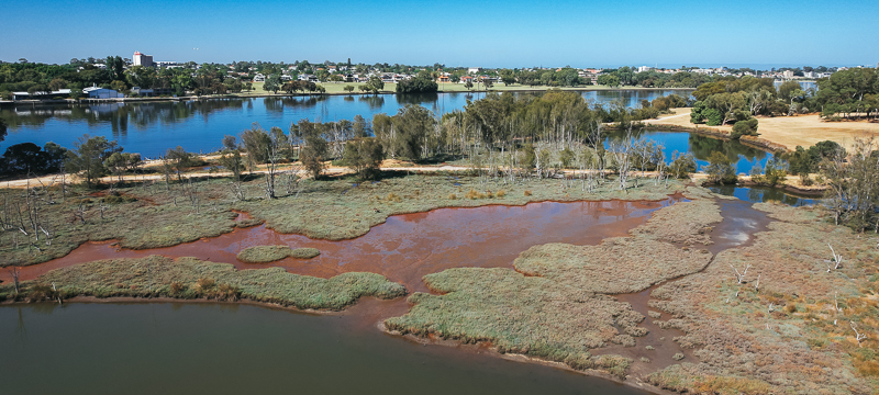 Aerial view of the mud flats at Heirisson Island