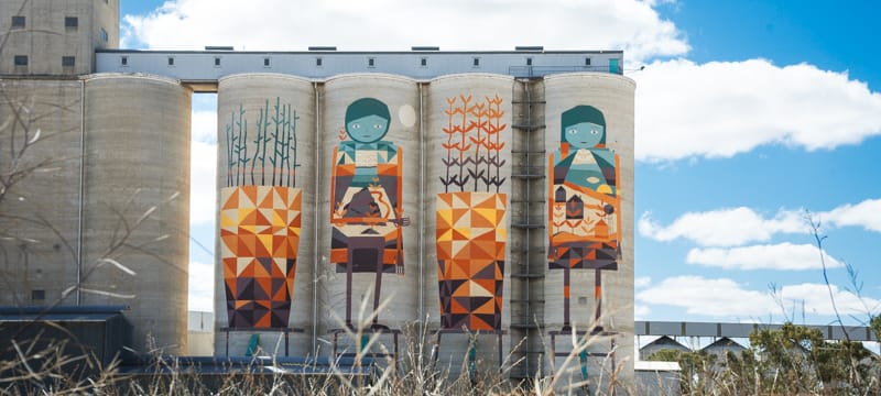 Colourful murals on the grain silos at Merredin - part of WA's Public Silo Trail